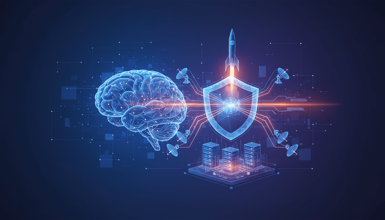 SpaceX logo with a backdrop of military technology and AI graphics.