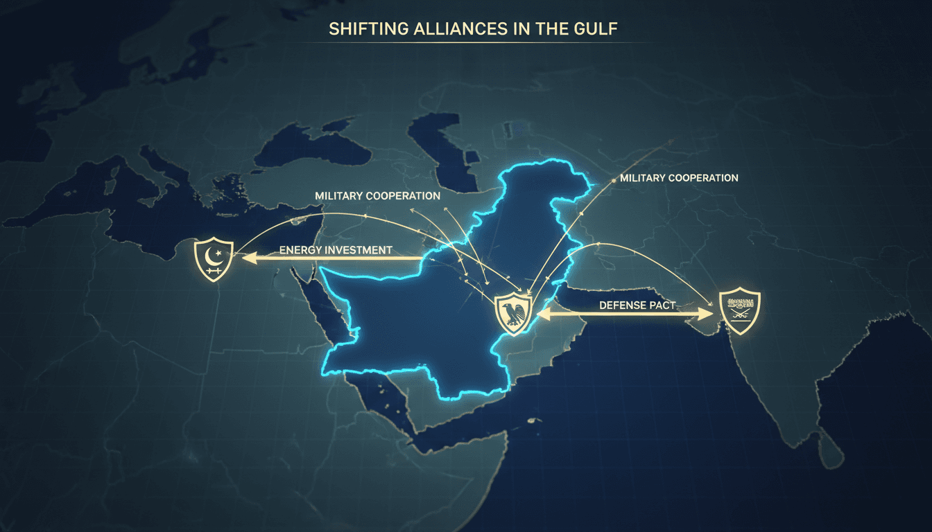 Map highlighting Pakistan and Kuwait's defense negotiations in the Gulf region.