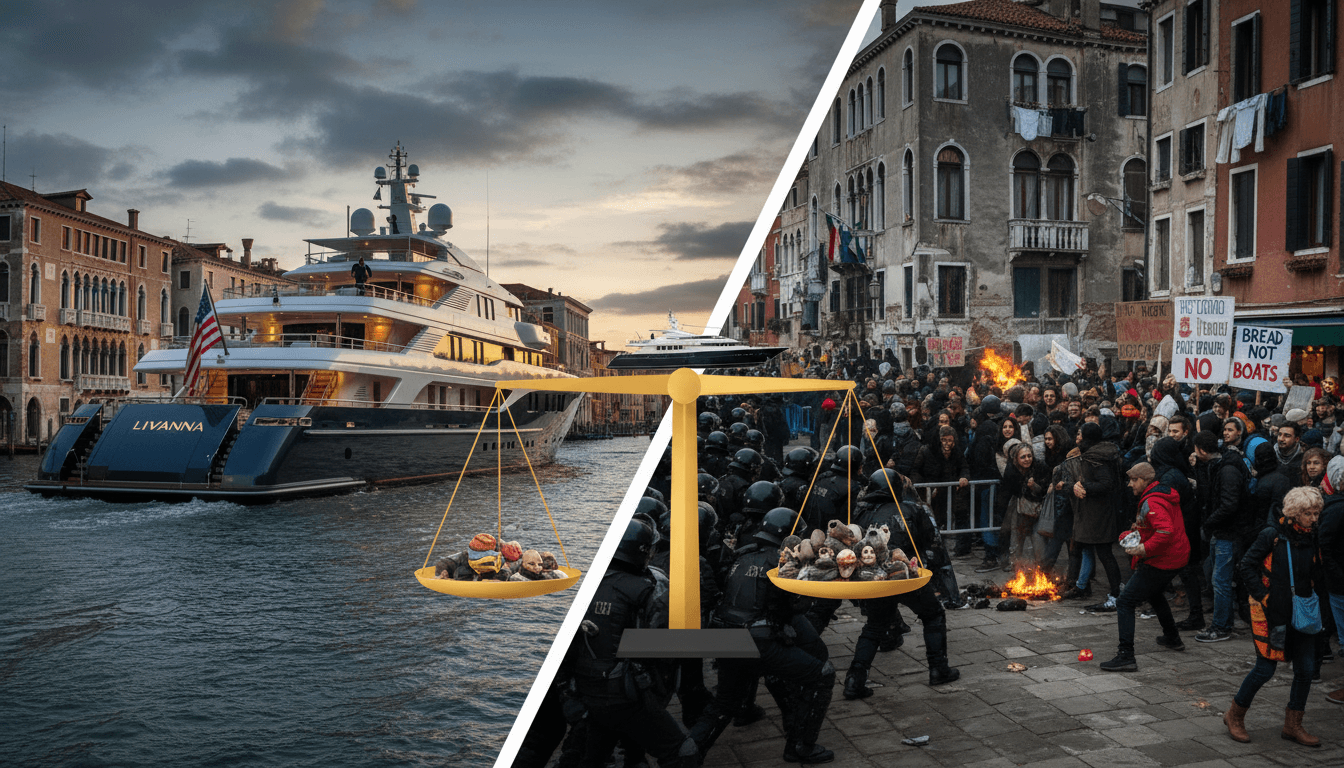 Protesters in Venice clash with police during a demonstration against US Ambassador's superyacht tour.