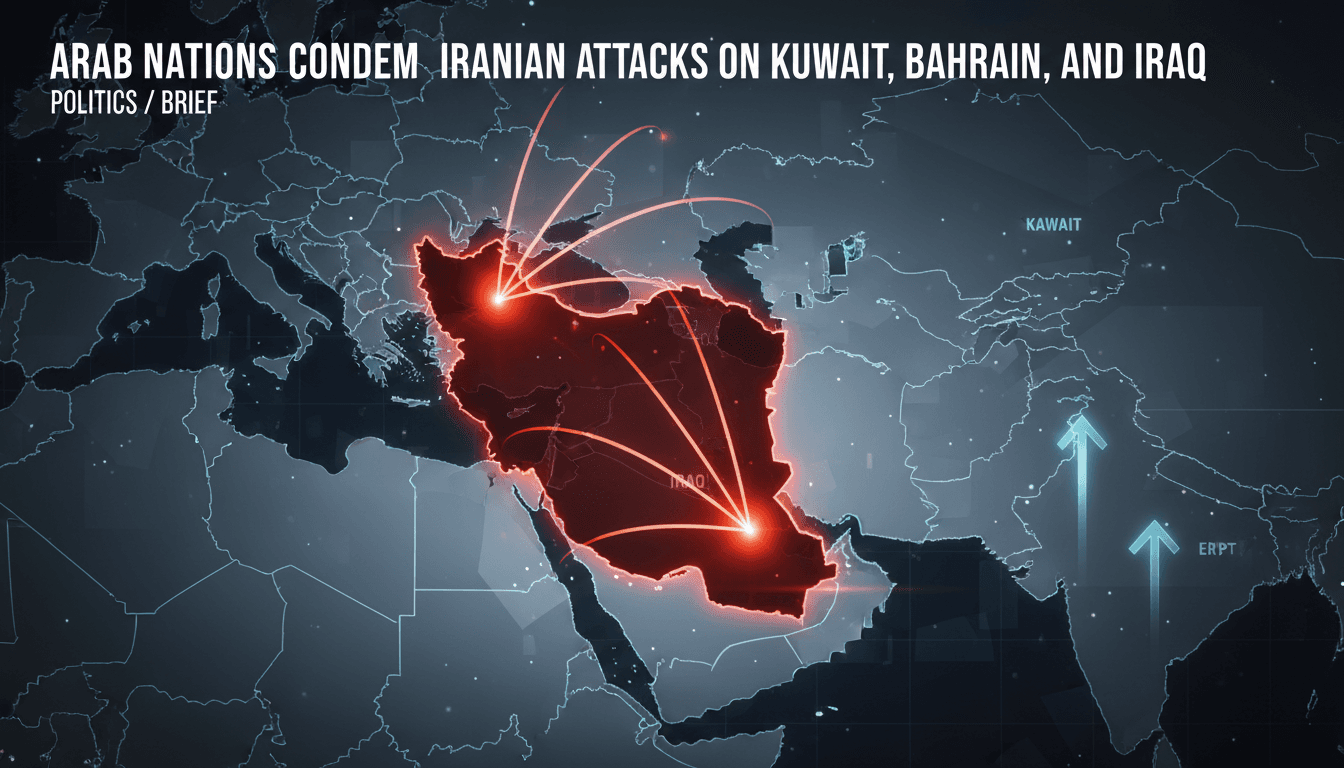 Map highlighting Iranian attacks on Kuwait, Bahrain, and Iraq
