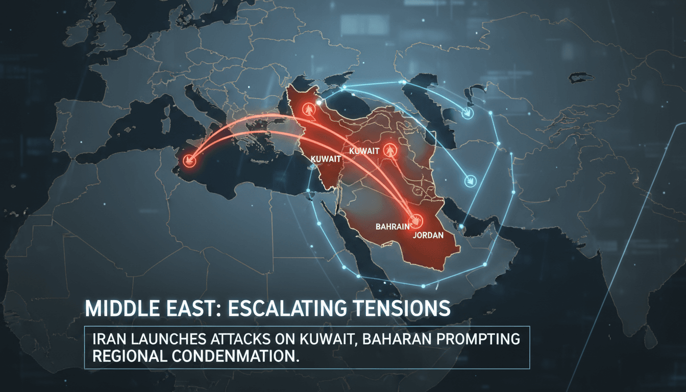 Map highlighting Iran's attacks on Kuwait, Bahrain, and Jordan with regional implications.