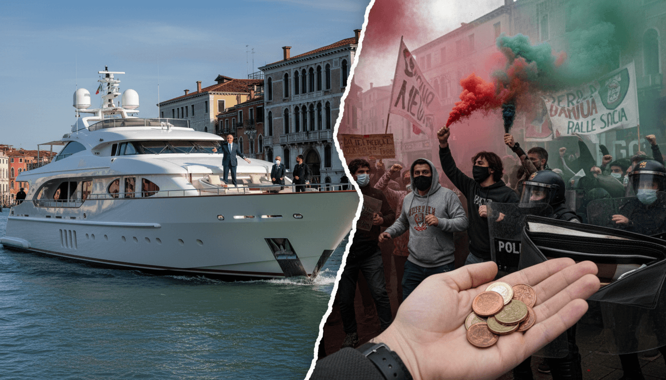Protesters in Venice clash with police during a demonstration against the US Ambassador's superyacht tour.