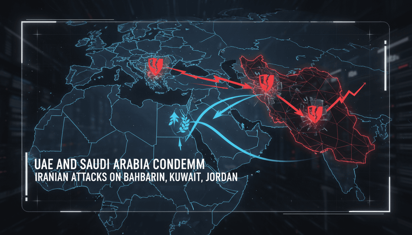 Map highlighting the regions affected by Iranian attacks and responses from UAE and Saudi Arabia.
