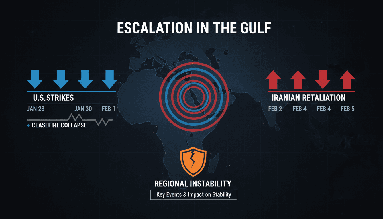 Map showing the Gulf region with highlighted areas of conflict and military actions.