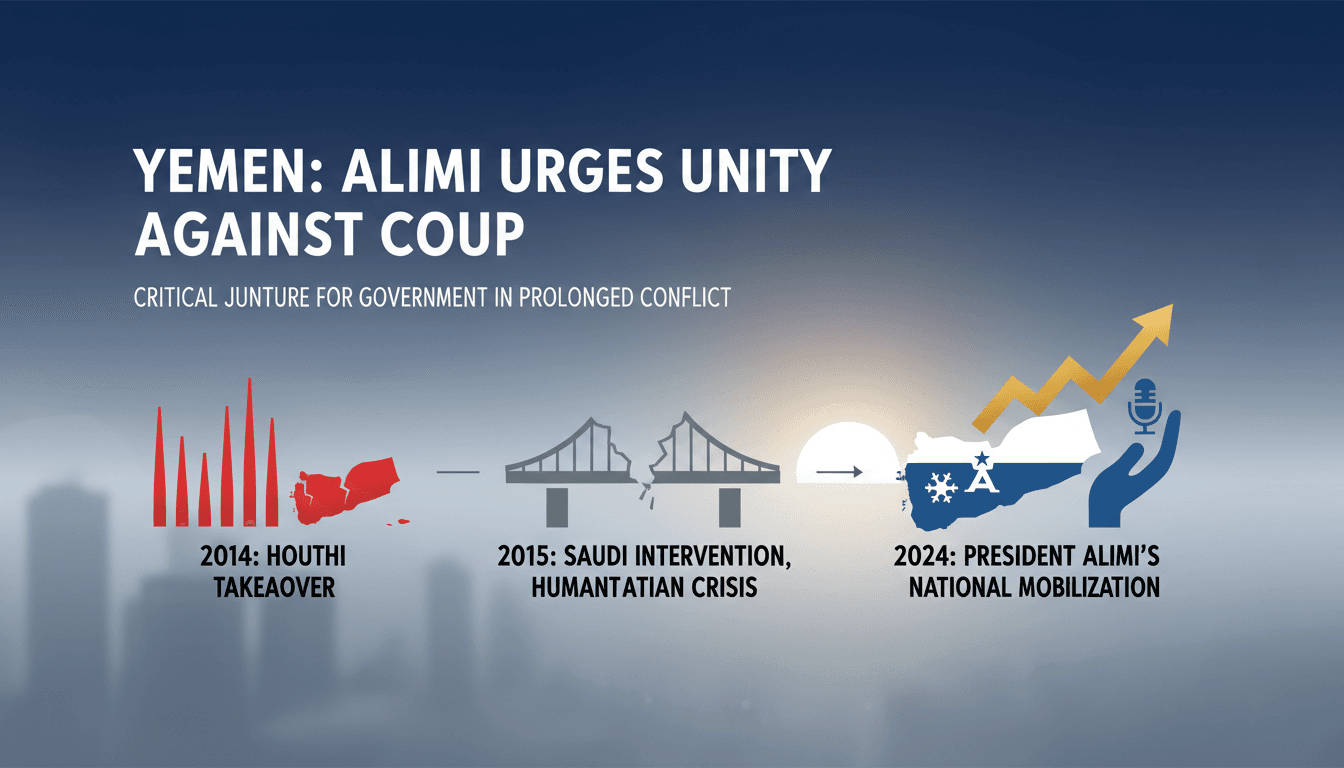 Yemeni President Rashad Alimi addressing the nation on unity against the Houthi movement.