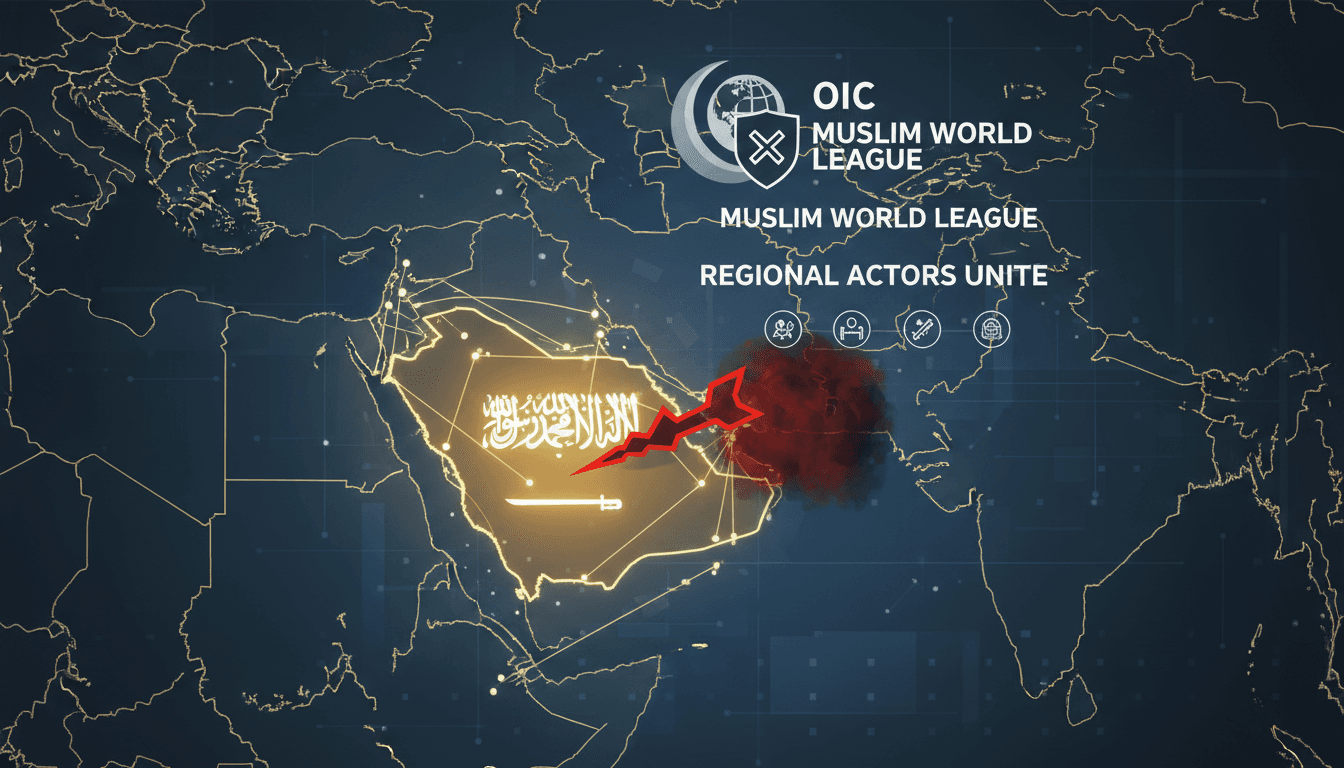 OIC and Muslim World League leaders addressing Houthi threats against Saudi Arabia.