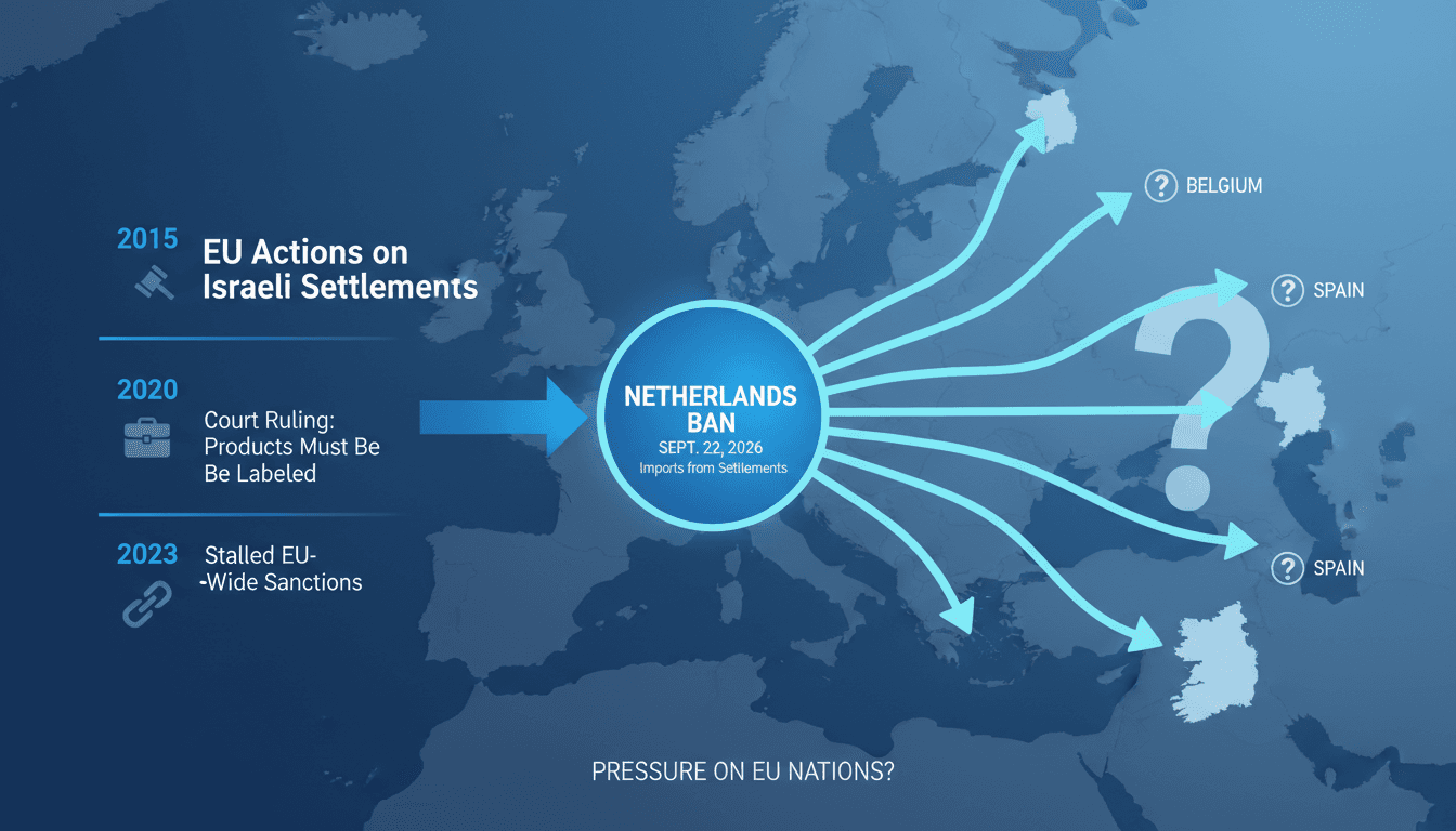 Dutch government building with a focus on trade policy changes regarding Israeli settlements.