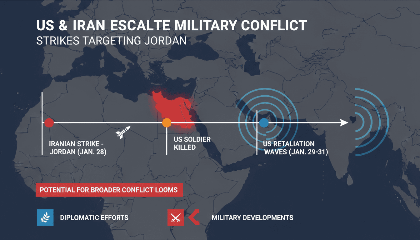 Map showing US and Iran military conflict escalation with Jordan strikes