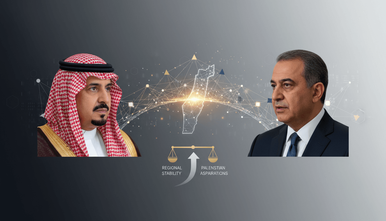 Saudi Foreign Minister and Palestinian Vice President in discussion.