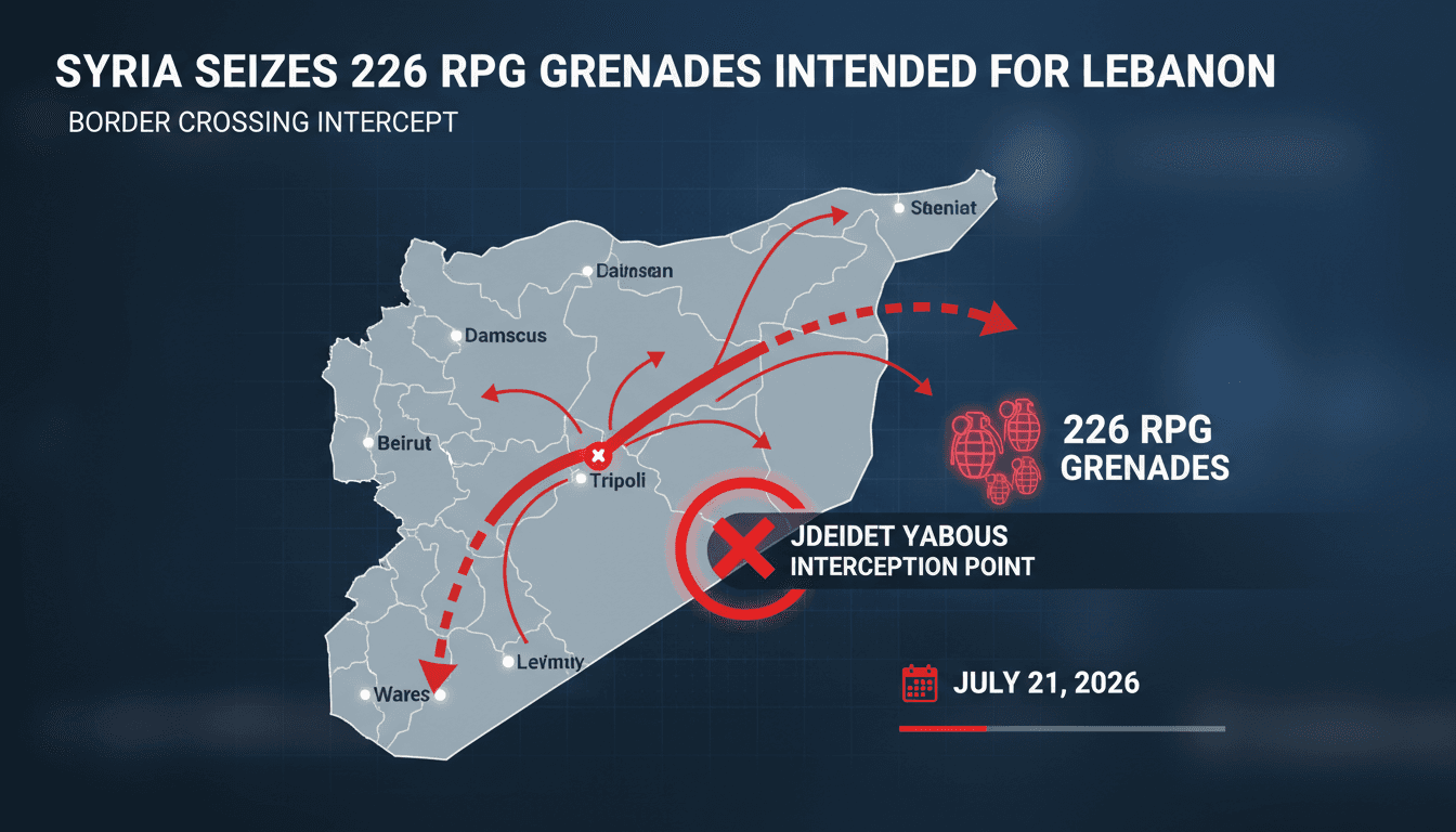 Syrian customs officials display seized RPG grenades at the border.