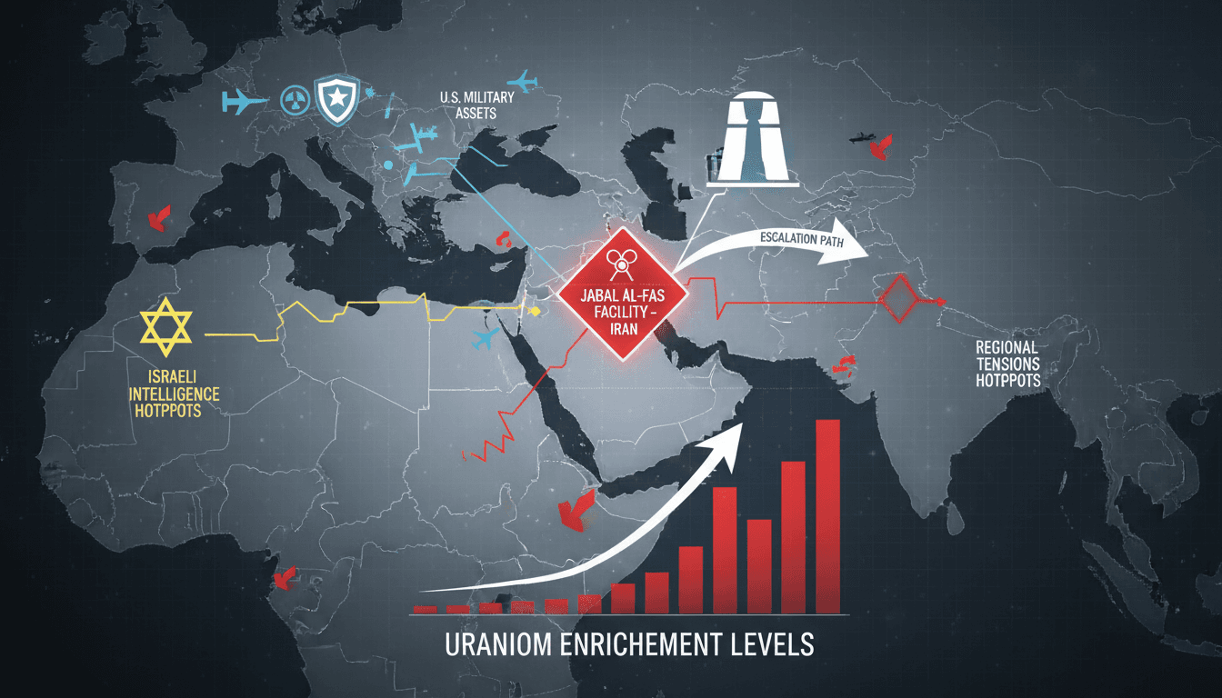 Map showing the location of Iran's Jabal al-Fas nuclear facility and regional military assets.