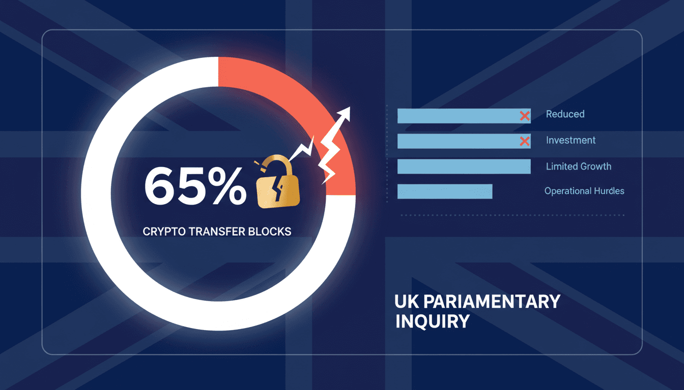 UK Parliament building with cryptocurrency symbols