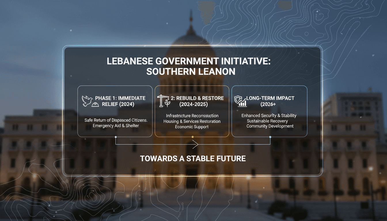 Prime Minister Nawaf Salam addressing citizens about reconstruction efforts in southern Lebanon.