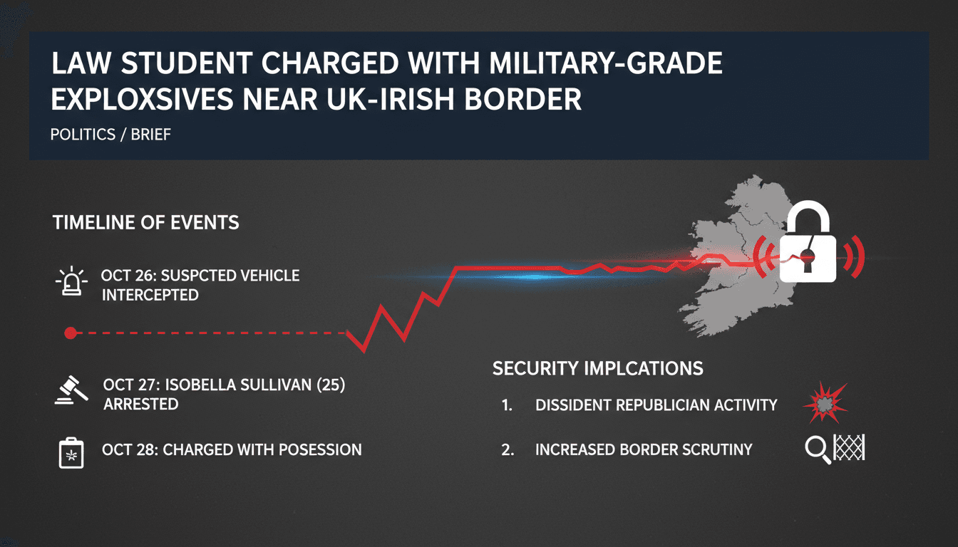 Law student Isobella Perrie Sullivan charged with explosives near UK-Irish border.