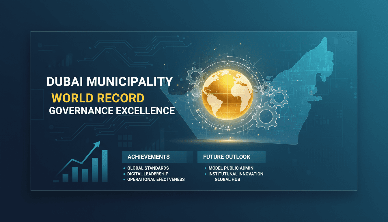 Dubai Municipality building with a banner celebrating governance excellence