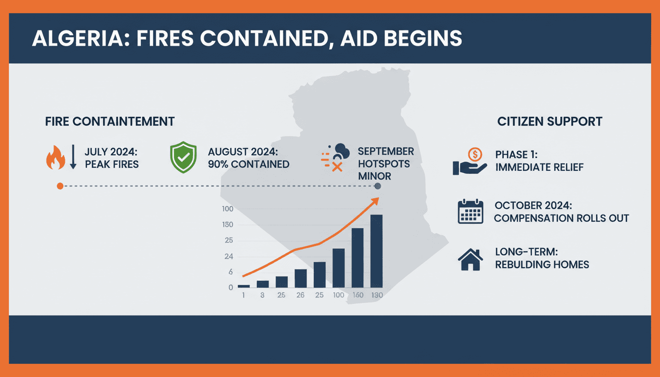Aerial view of forest fires in Algeria with firefighting efforts underway.