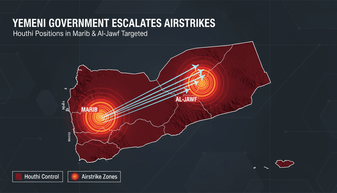 Yemeni airstrikes targeting Houthi military sites in Marib and Al-Jawf.
