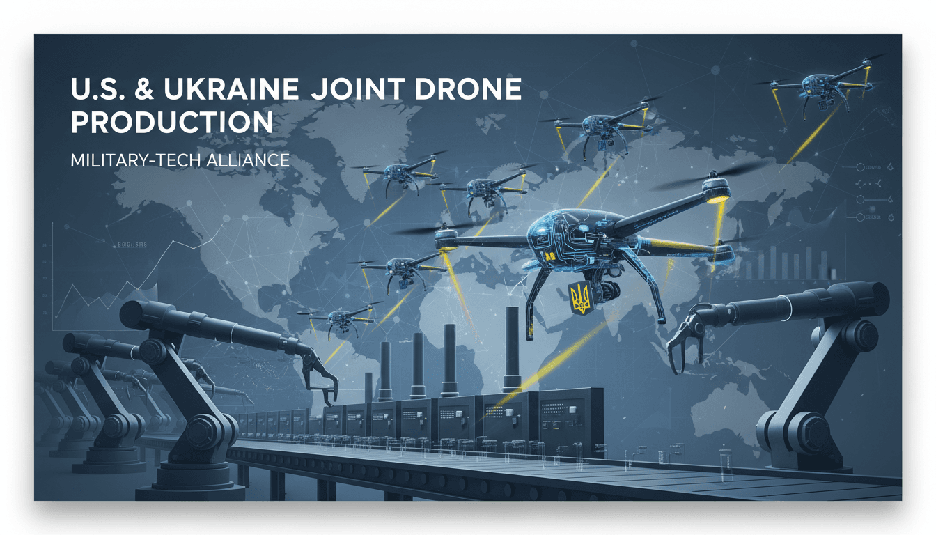 U.S. and Ukraine flags with drone technology imagery
