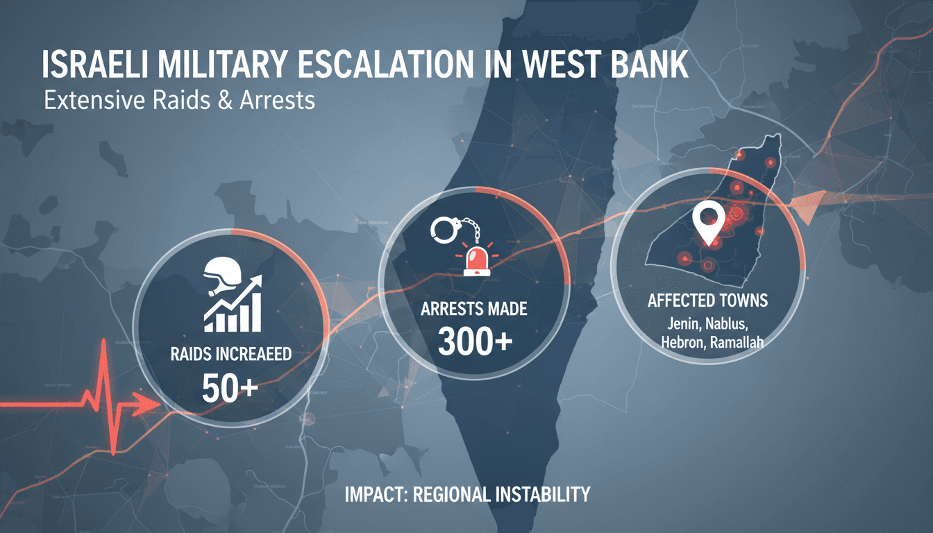 Israeli military operations in the West Bank with focus on raids and arrests.
