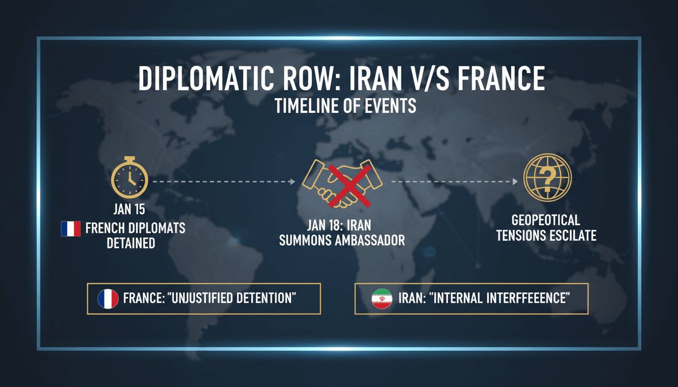 Iranian Foreign Ministry building with flags representing Iran and France.