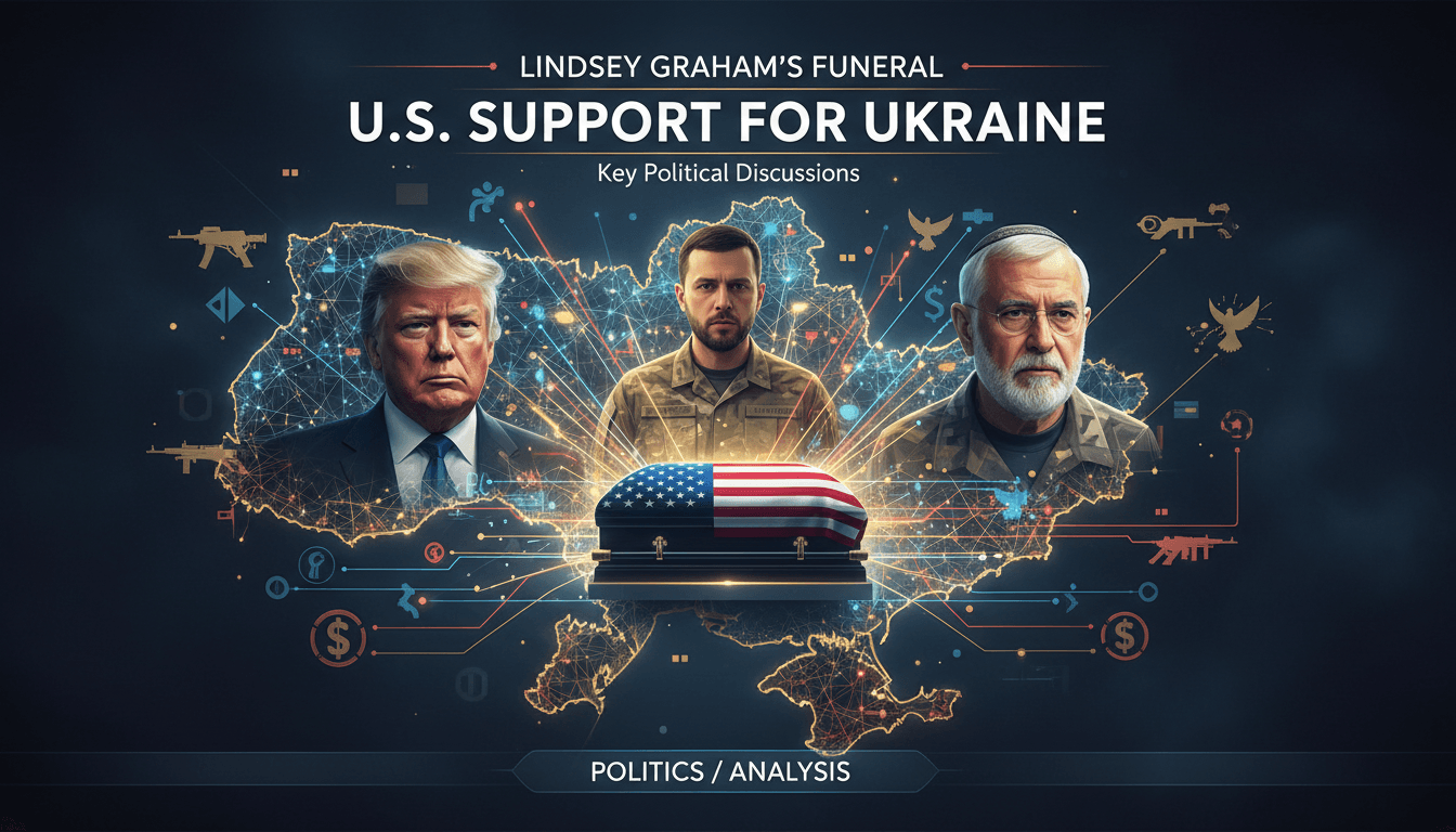 Lindsey Graham's funeral with political leaders discussing U.S. support for Ukraine.