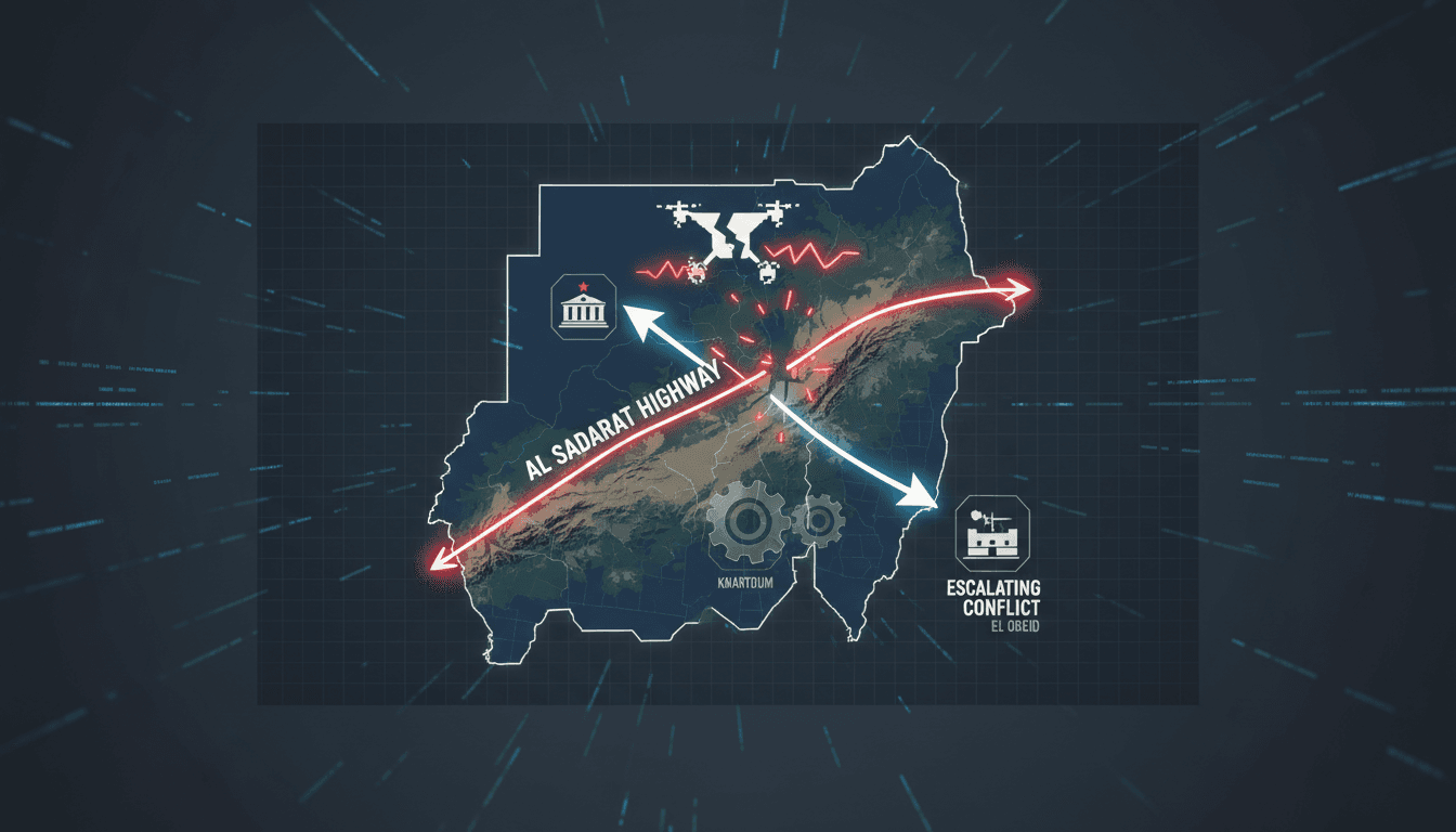 Map highlighting the Al Sadarat highway and recent conflict zones in Sudan.