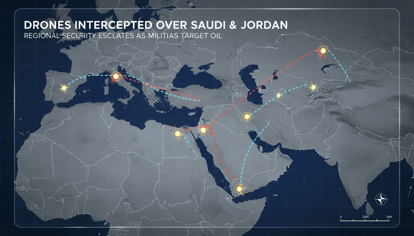 Saudi Arabia and Jordan military forces intercepting drones targeting oil facilities.
