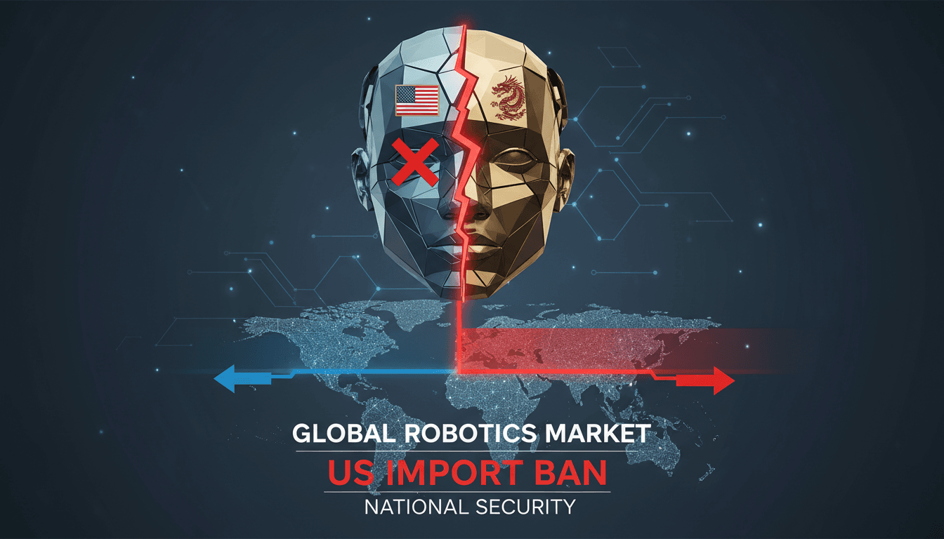 A humanoid robot with a backdrop of the U.S. flag symbolizing national security concerns.