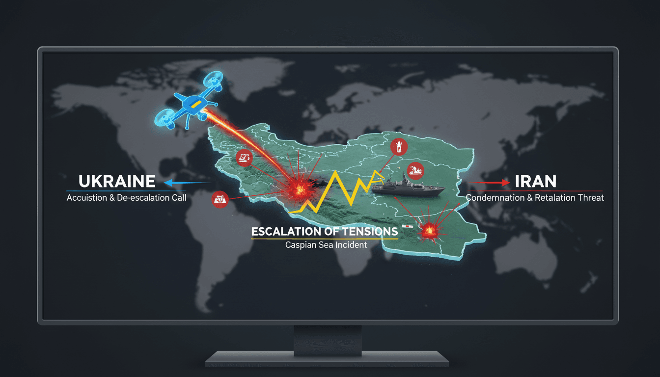 Map showing the Caspian Sea and the geopolitical implications of the Ukrainian drone attack on an Iranian vessel.