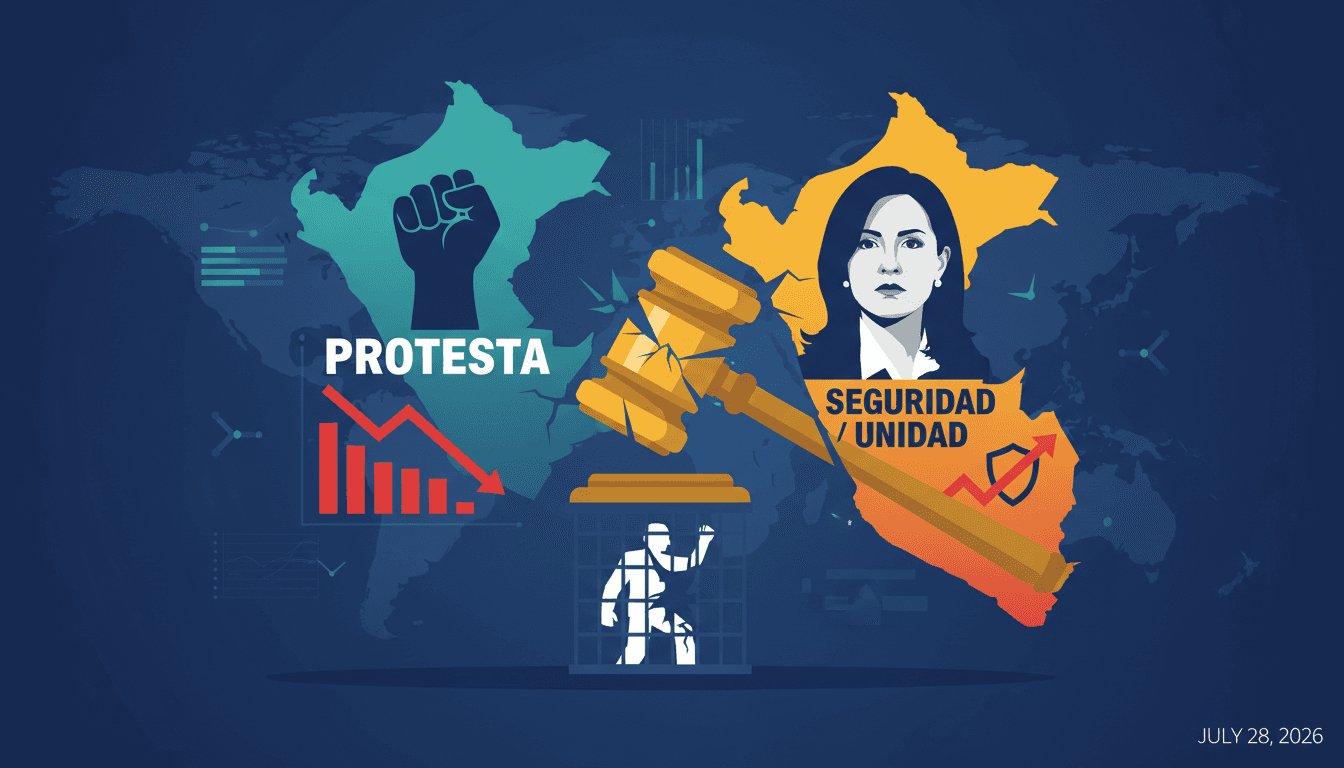 Keiko Fujimori being inaugurated as president of Peru with protests in the background.