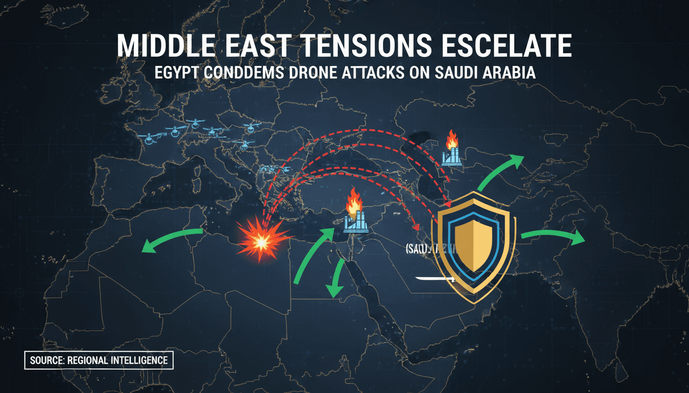 Map showing drone attack locations and military responses in the Middle East.