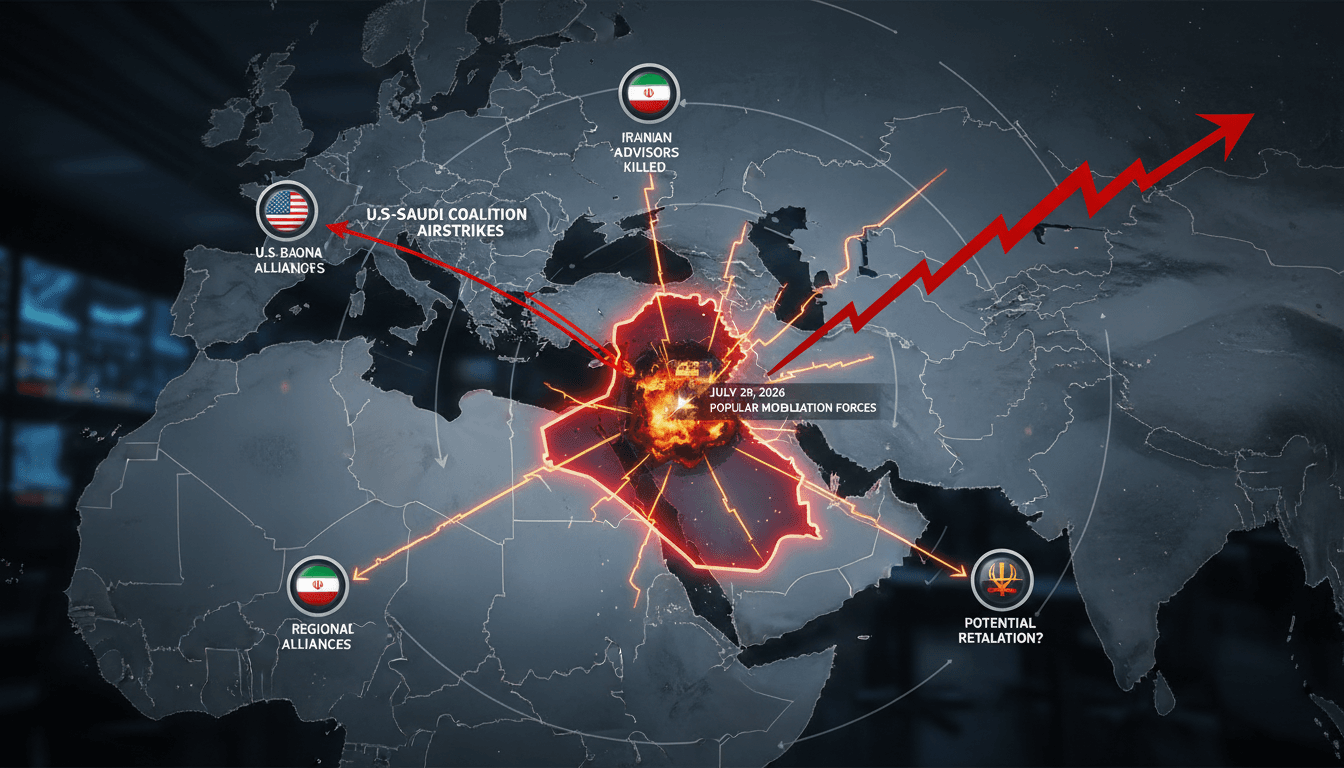 Map showing the locations of U.S.-Saudi airstrikes and Iranian military presence in Iraq.