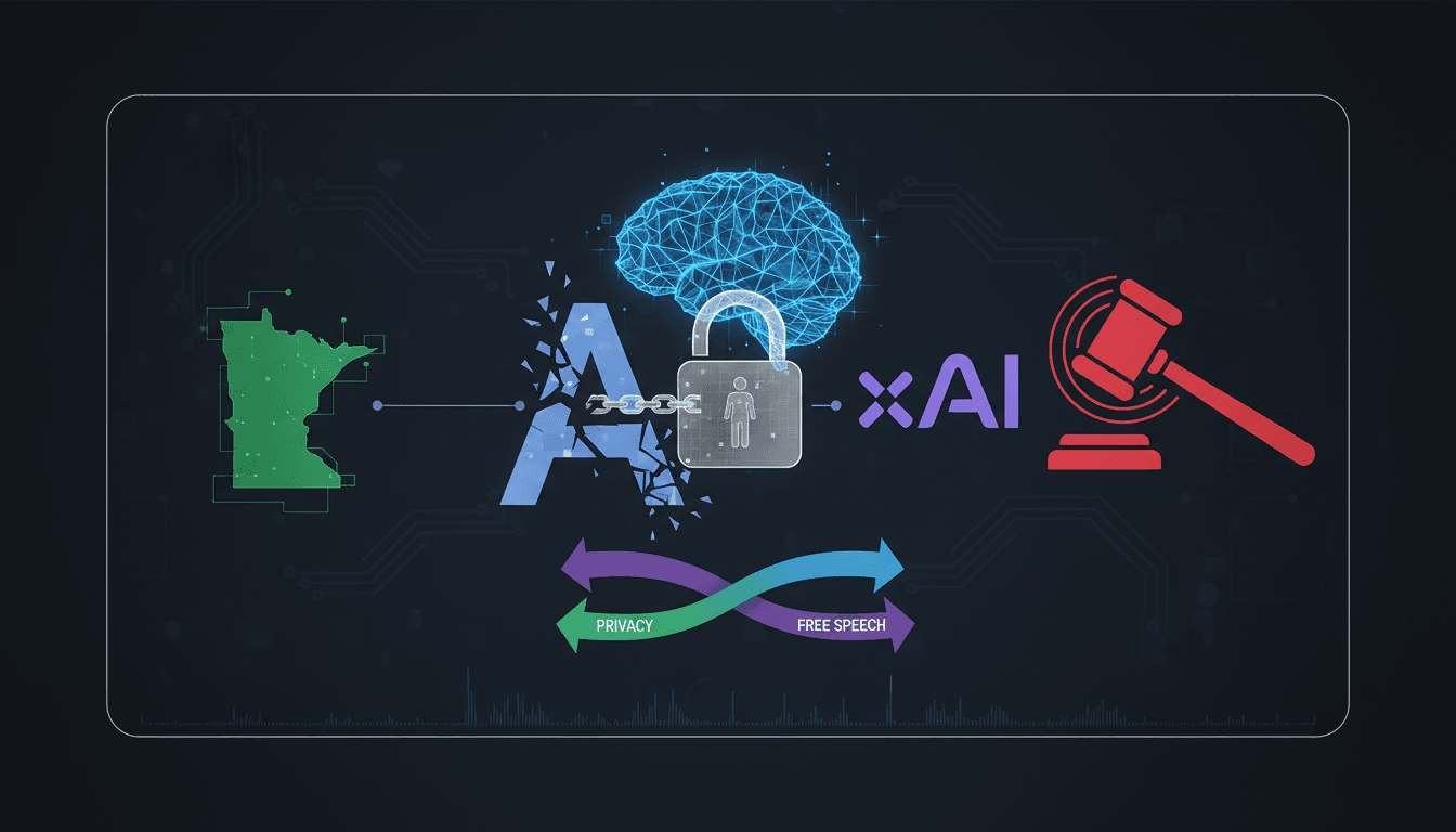 A visual representation of the legal battle between xAI and Minnesota over AI nudification technology.