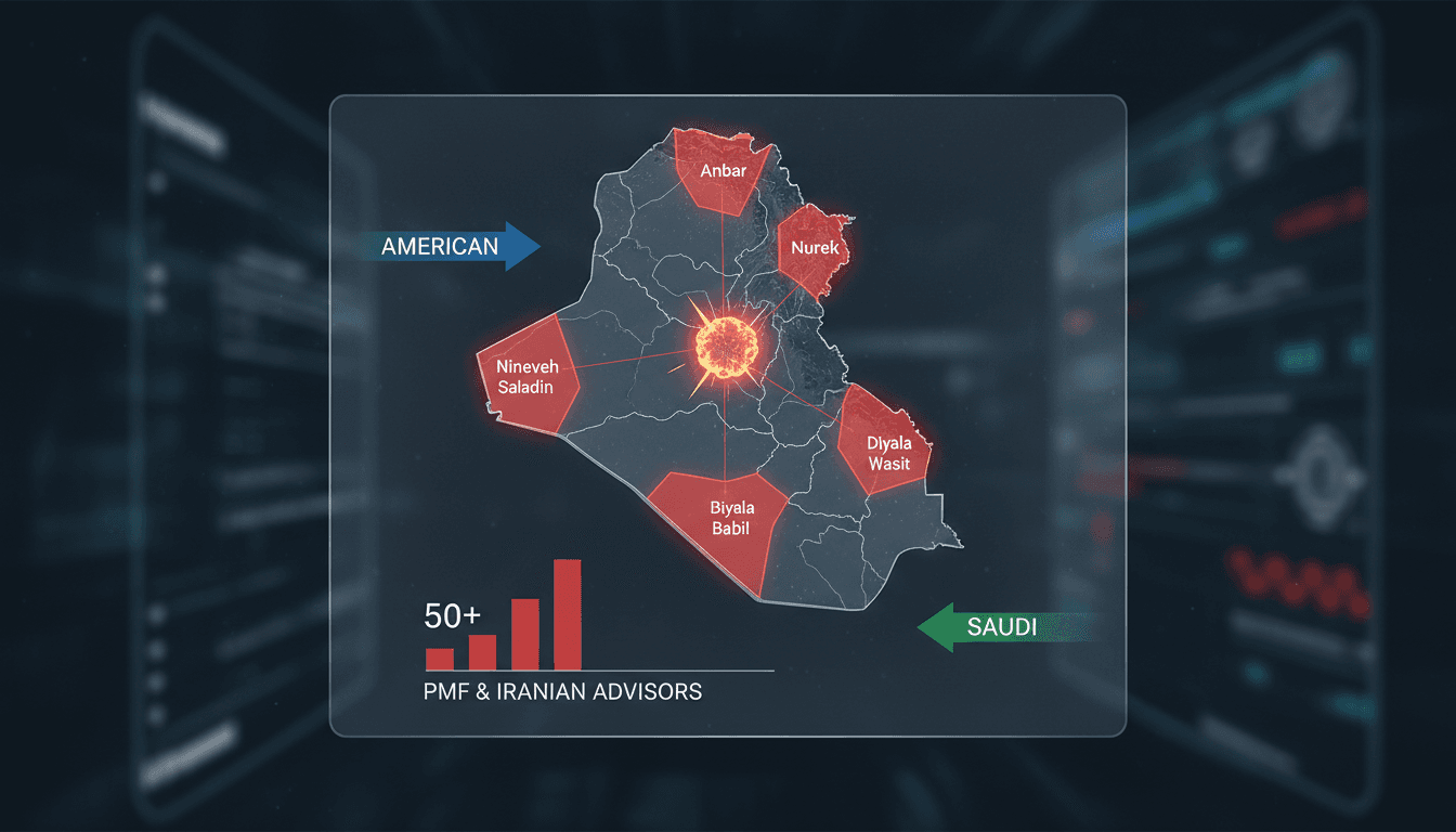 Map showing locations of American-Saudi airstrikes in Iraq targeting PMF and Iranian advisors.