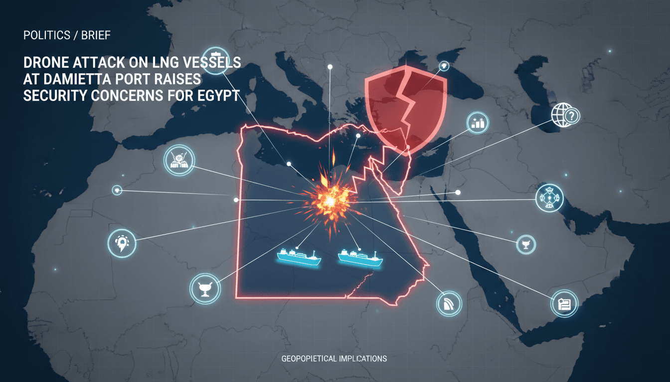 Aerial view of Damietta port with LNG vessels and security forces.