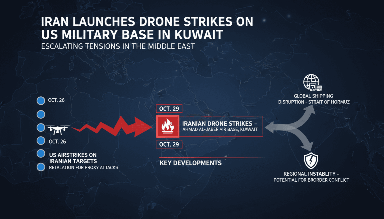 A map showing the location of the Ahmad al-Jaber Air Base in Kuwait and recent military actions.