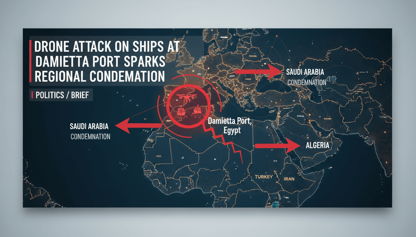 Aerial view of Damietta port with ships and security forces.