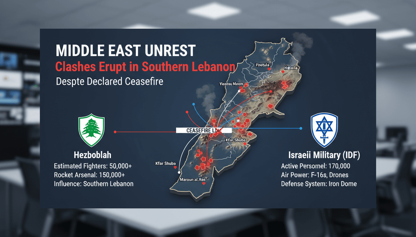 Map showing the location of clashes between Israeli military and Hezbollah in southern Lebanon.