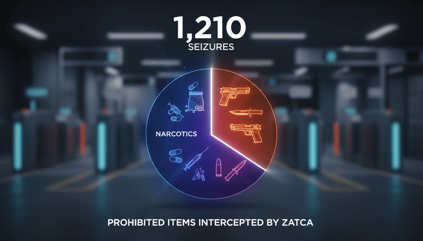 ZATCA customs officers inspecting prohibited items at a customs port.