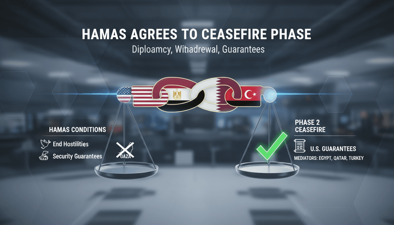 Illustration of the ceasefire agreement process involving Hamas and mediators.