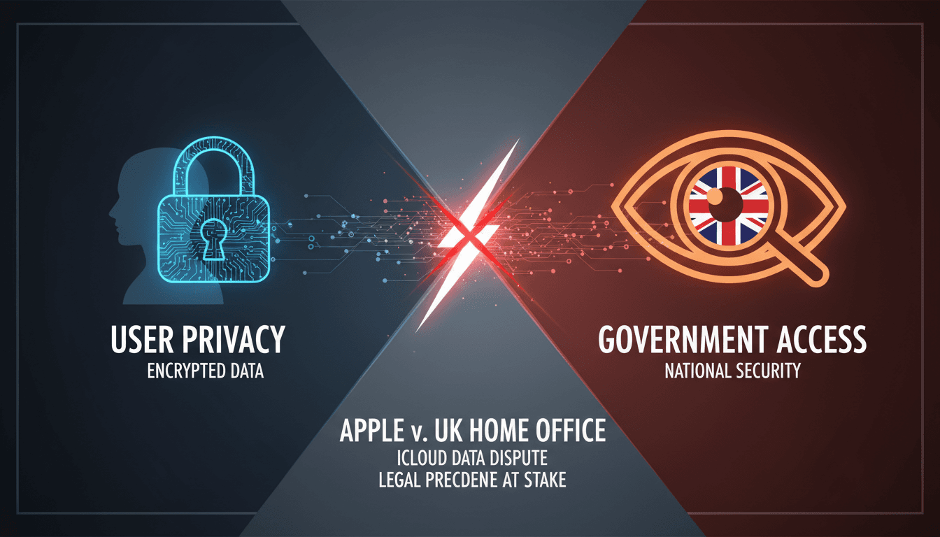 Apple logo with a backdrop of the UK flag symbolizing privacy rights.