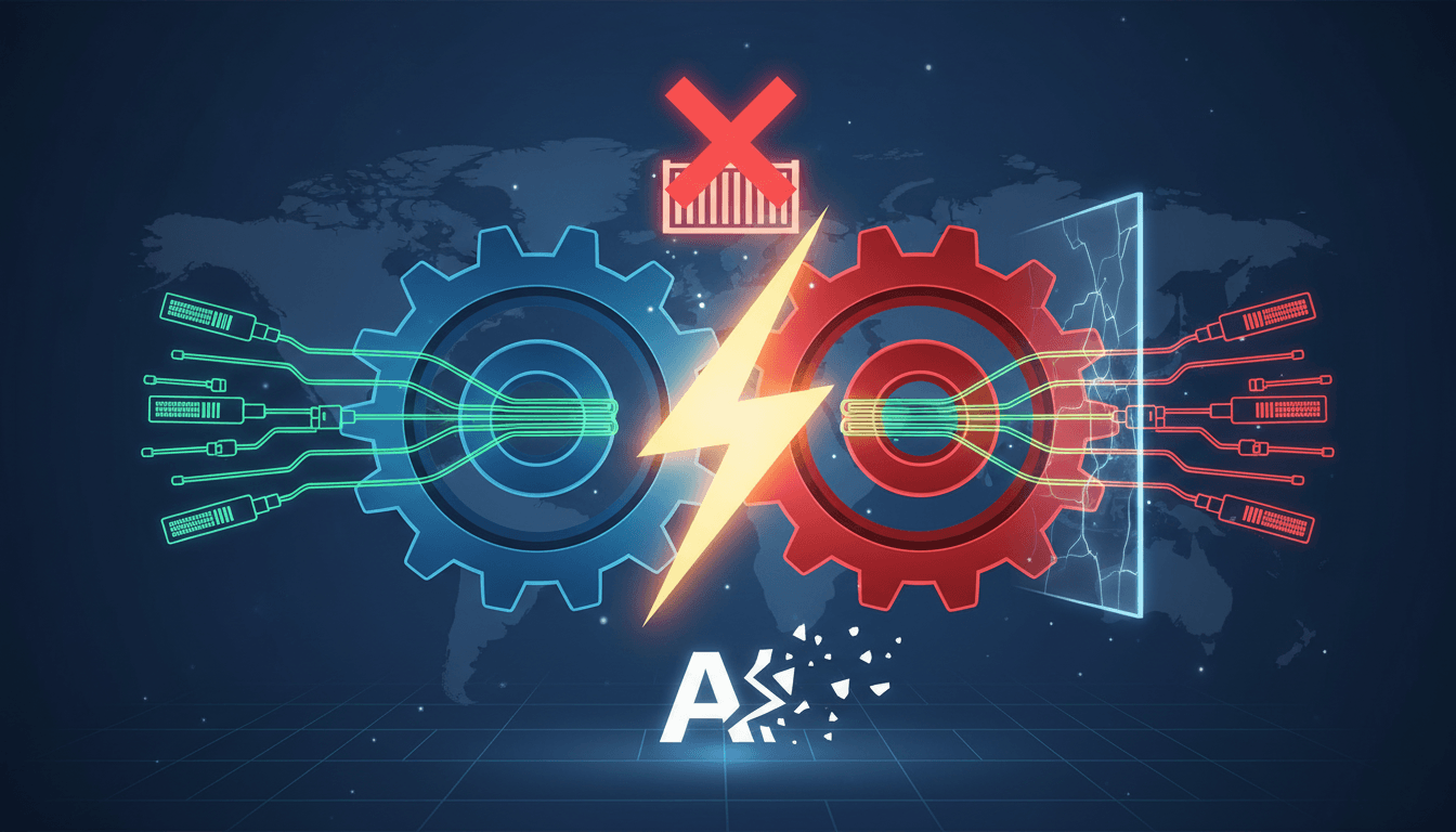 Illustration of U.S. and China flags with data center components in the background.