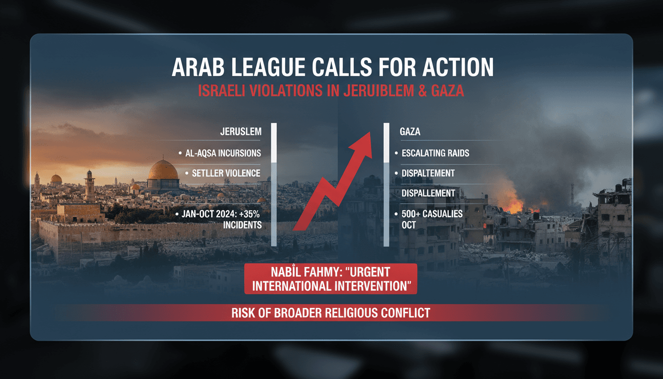 Arab League Secretary-General Nabil Fahmy addressing the media on Israeli violations in Jerusalem.