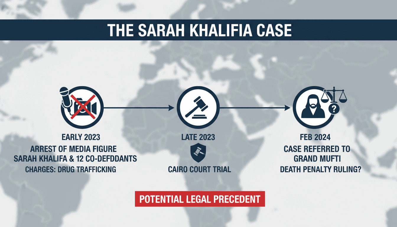 Media figure Sarah Khalifa's legal case in Egypt regarding drug trafficking.