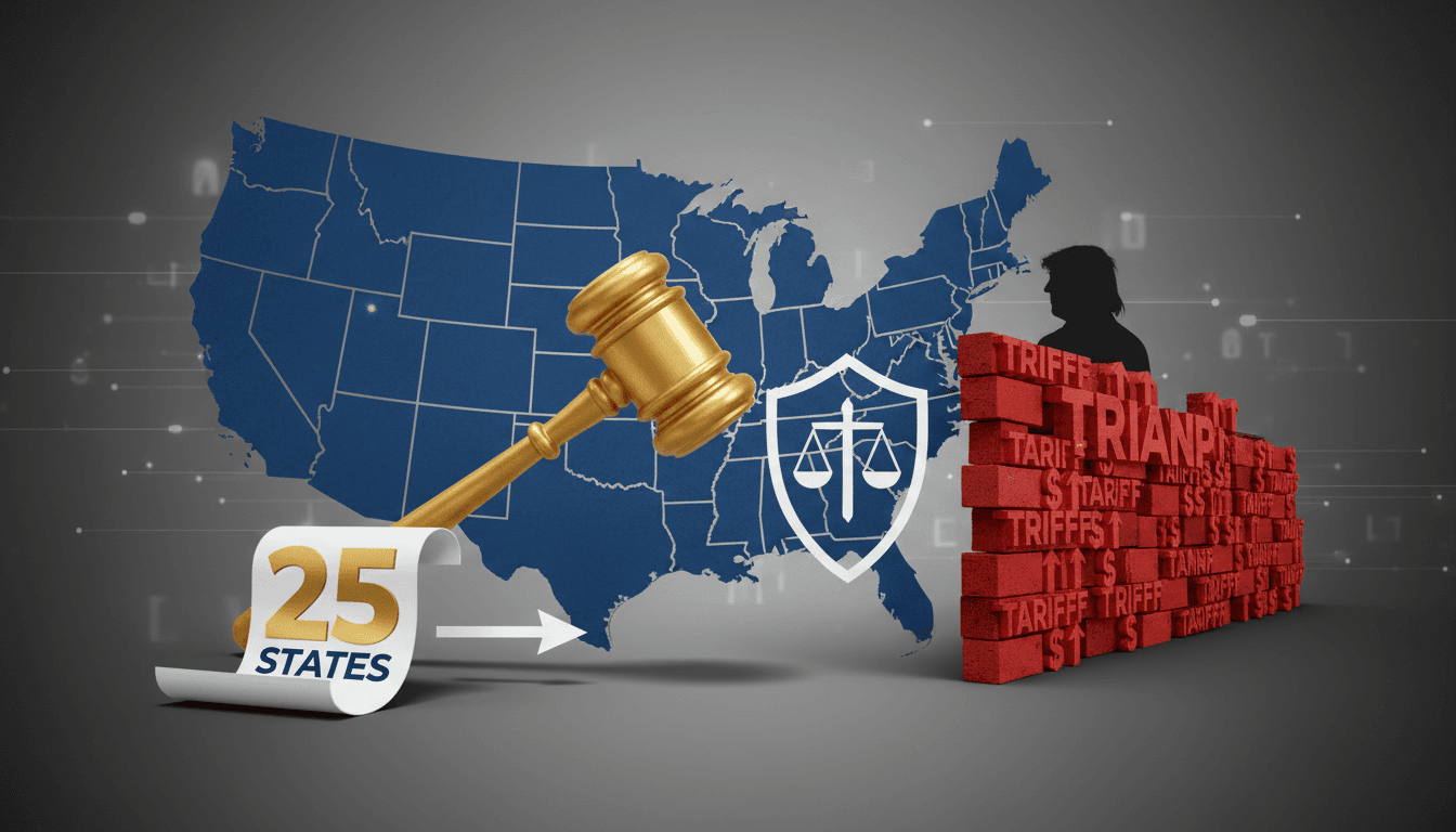 A visual representation of the coalition of states suing the Trump administration over tariffs.