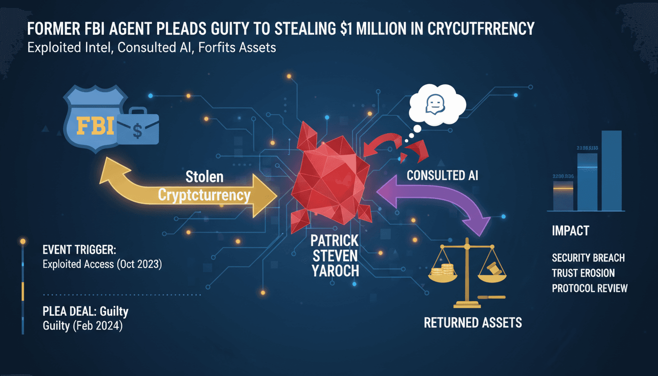 Former FBI agent Patrick Steven Yaroch pleads guilty to cryptocurrency theft.