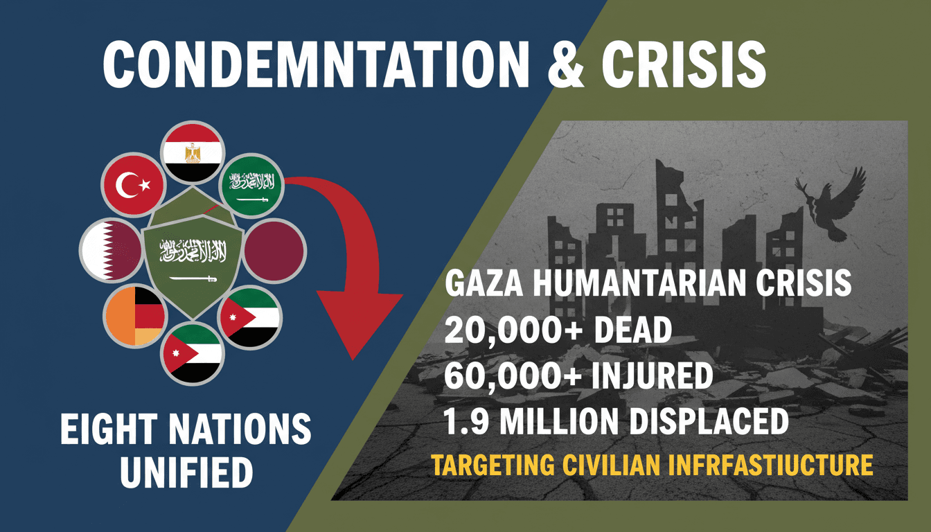 Foreign ministers from eight Arab and Islamic nations issue a joint statement condemning Israeli actions in Gaza.