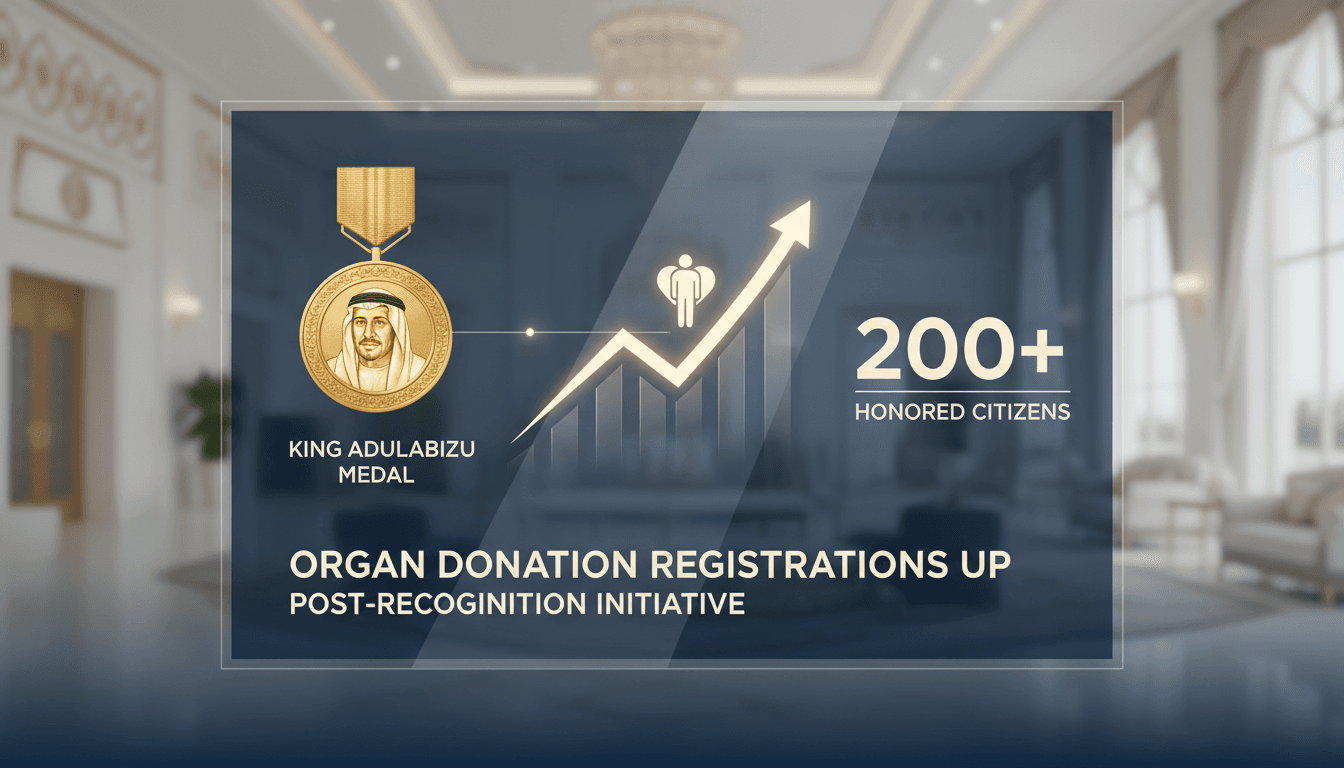 King Salman presenting the King Abdulaziz Medal for organ donations.