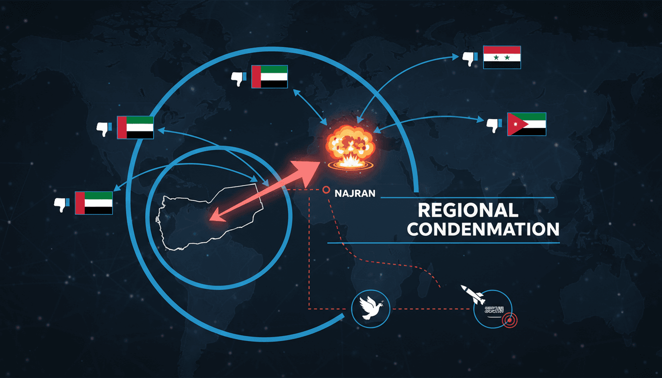 Map highlighting Najran and the regional responses to Houthi attacks.