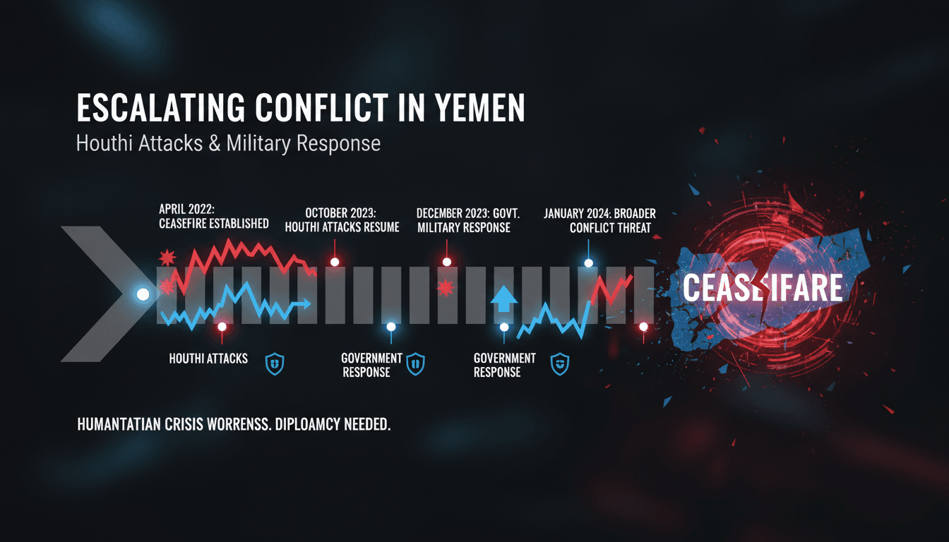 Map of Yemen highlighting conflict zones and ceasefire areas.